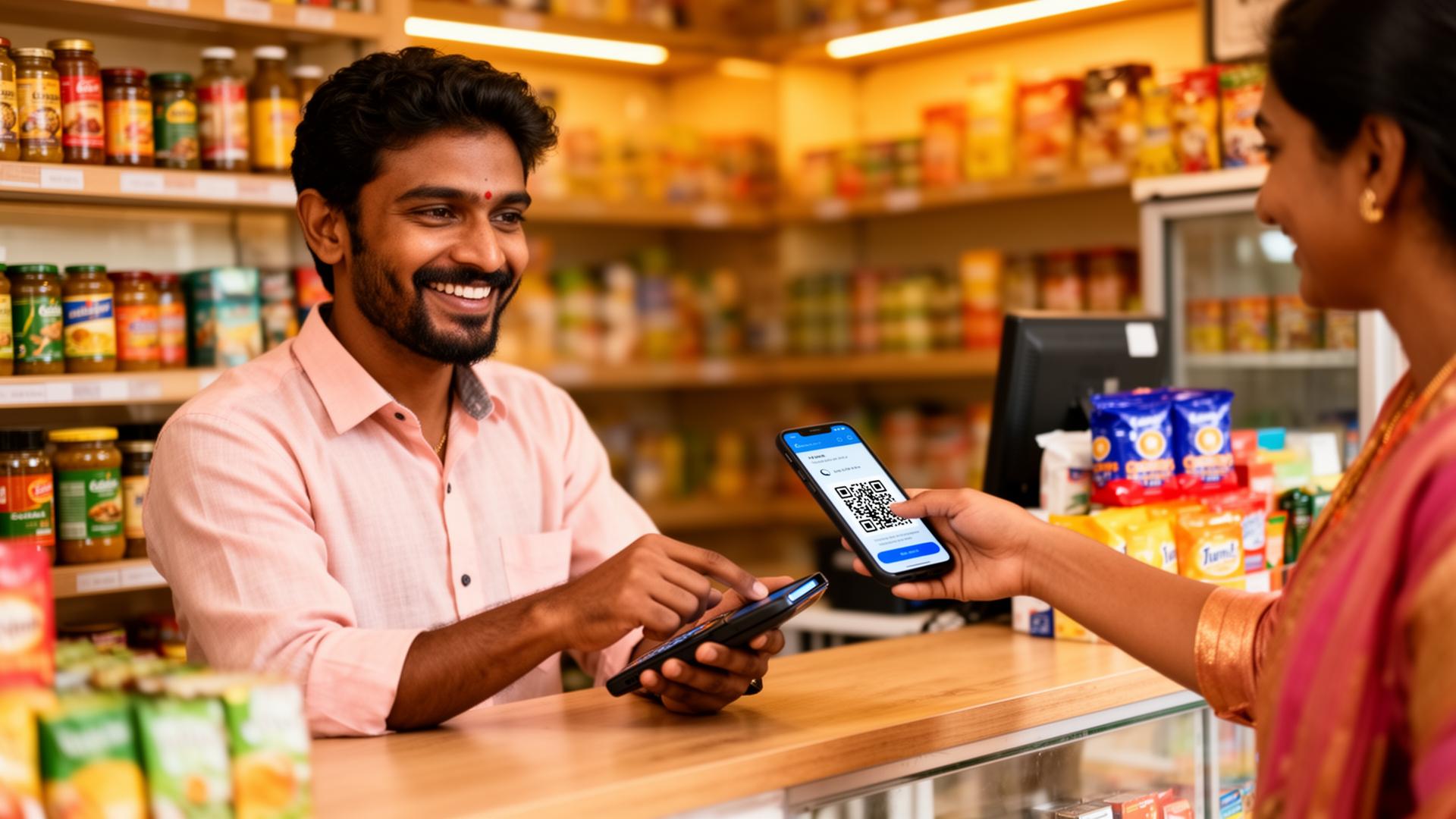 Indian shopkeeper accepting digital payment